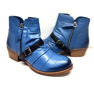 MIZ MOOZ SOFT RUCHED LEATHER BOOTIE SIDE ZIP BUCKLE BLUE 37EU / 7US # Z-143